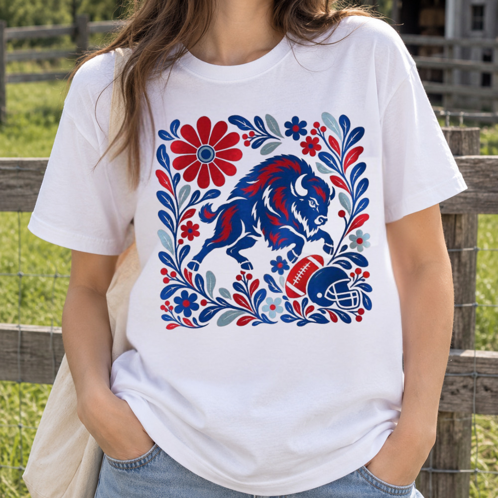 Buffalo Bills Football Folk Art Floral Red Blue T-Shirt